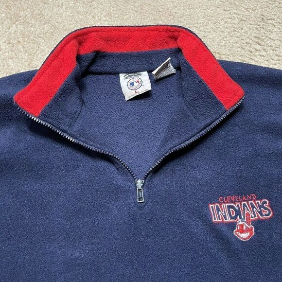 Vintage Cleveland Indians Baseball Large Fleece Pullover Chief Wahoo 90s 1/4 Zip - Picture 2 of 11
